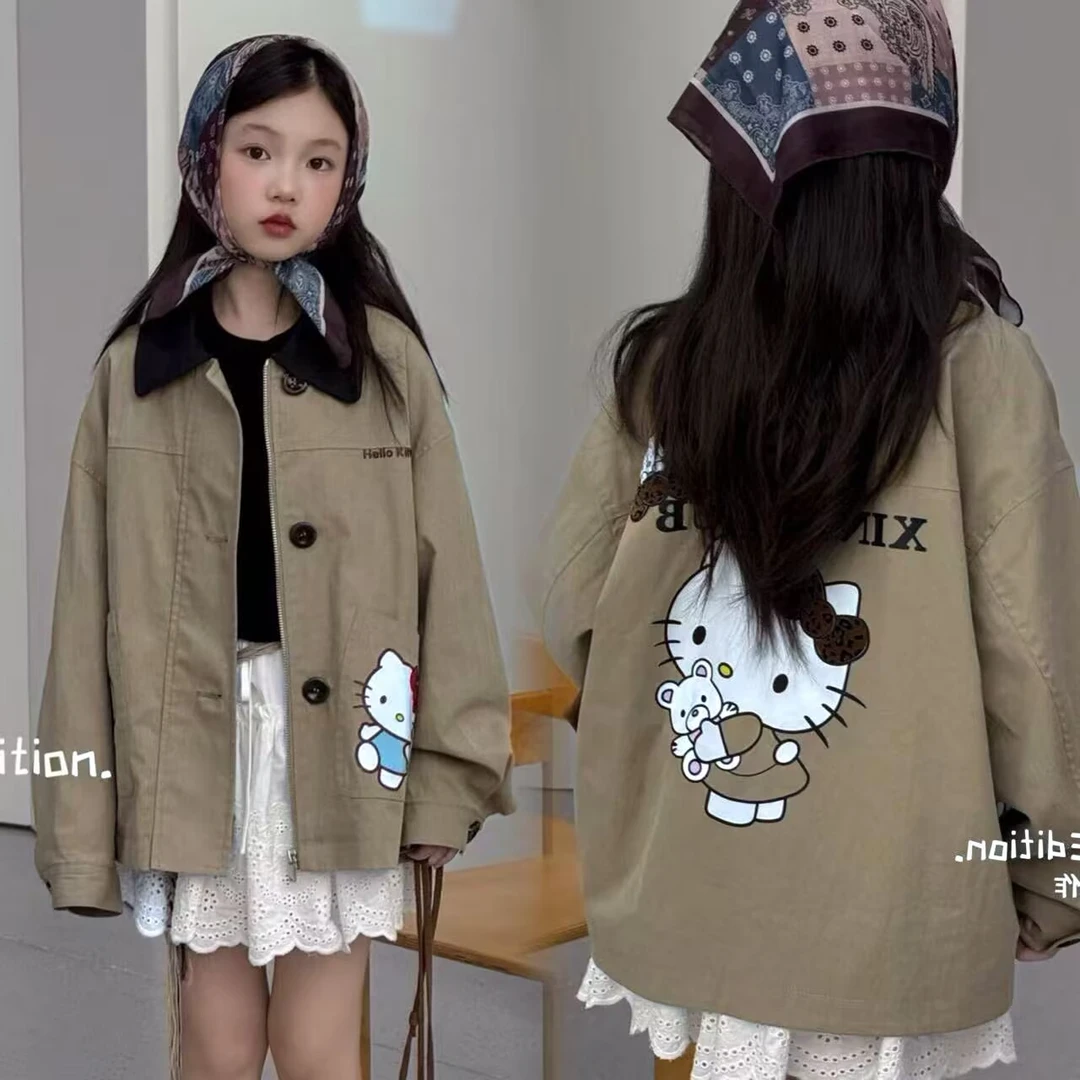 女童秋季新款风衣洋气翻领女宝宝猫咪卡通印花纯色休闲外套