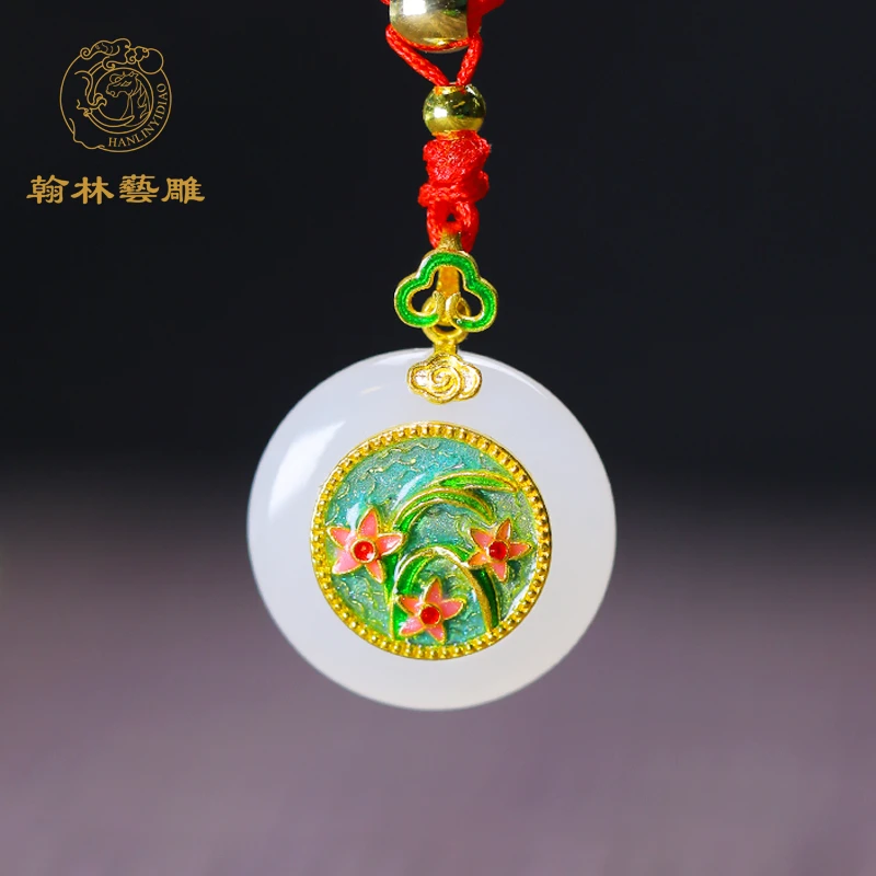 足金金镶玉古法金古法传承如意花开气质轻奢和田玉吊坠