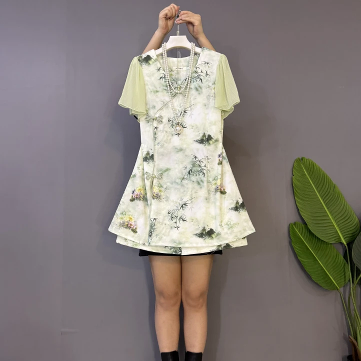 新款大码女装时尚洋气国潮风清淡高雅短裤套装