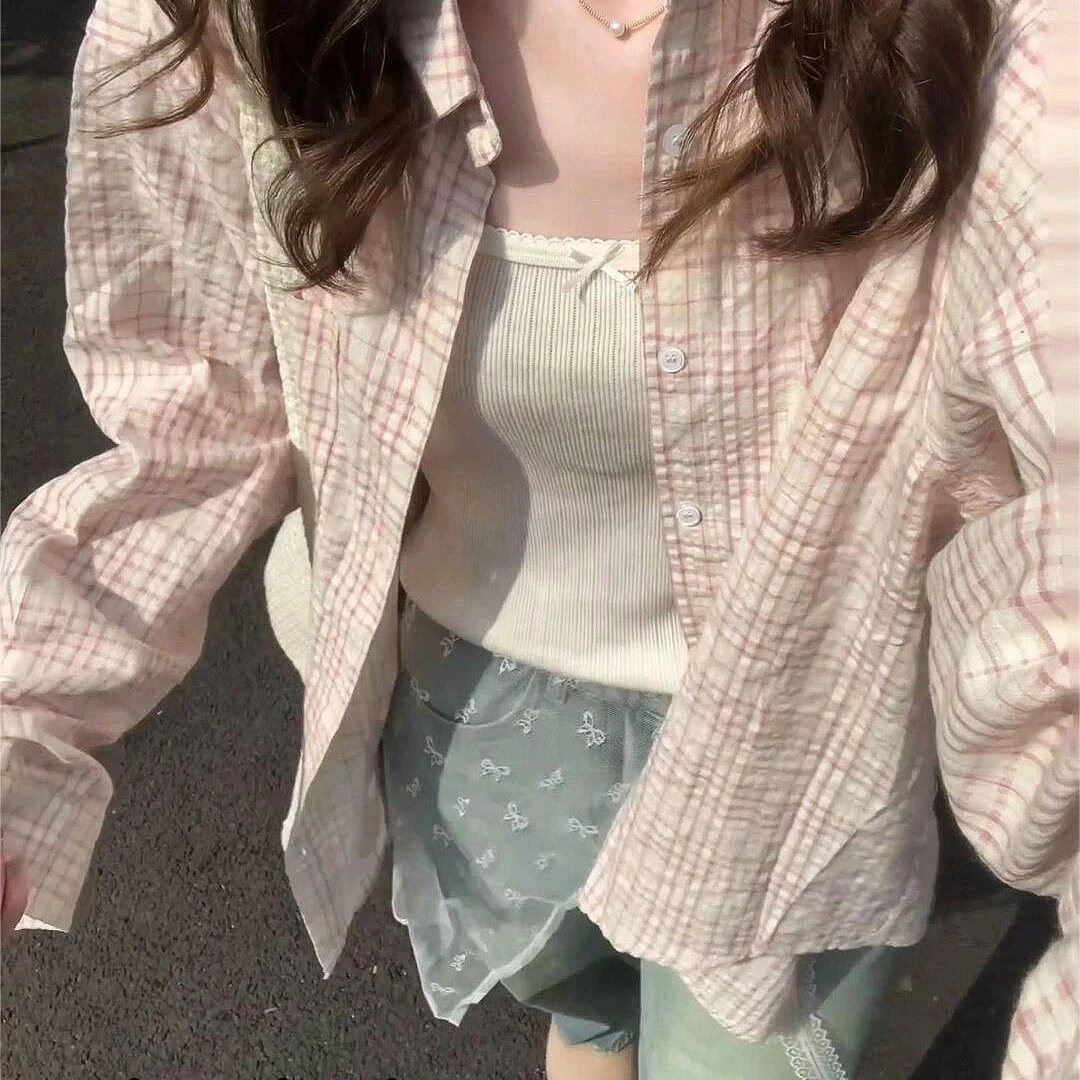 格子薄款慵懒风长袖格子衬衫翻领气质甜美宽松chic衬衫上衣