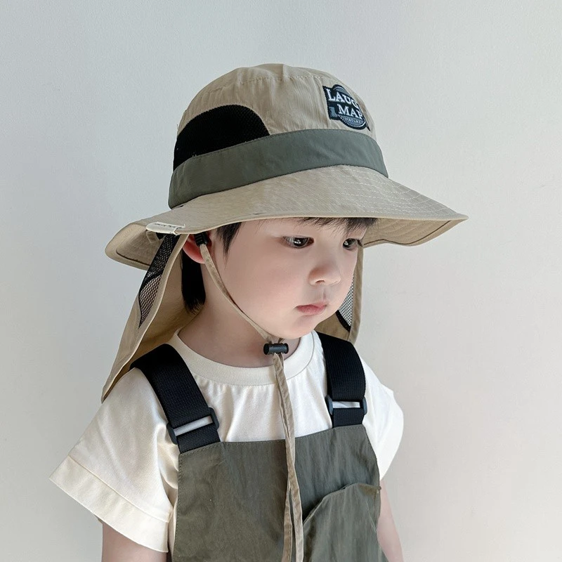 宝宝遮阳帽子春夏防晒帽儿童透气网眼男女童速干渔夫帽披肩沙滩帽