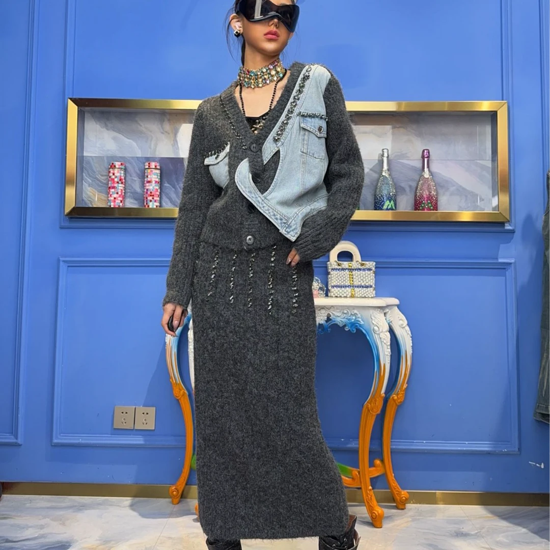 A80943 设计师日潮冬日恋曲拼接牛仔时尚女性气质套装毛裙毛衣