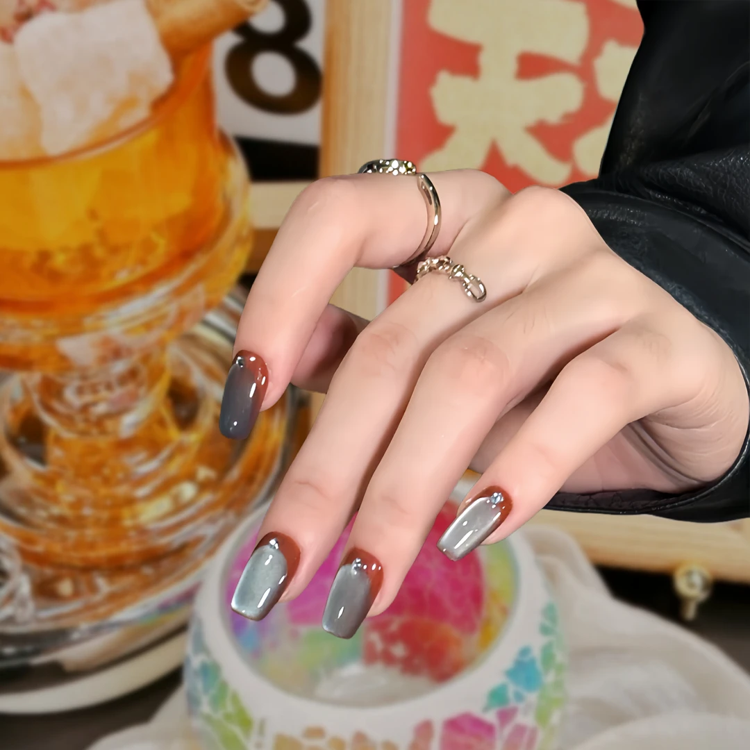 【咖啡冰】纯手工穿戴甲高品质可拆卸渐变显白新款猫眼美甲穿戴甲片