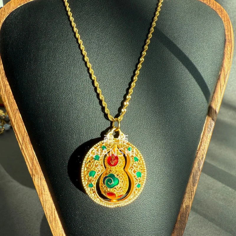 铜合金吊坠 新品古法平安葫芦吊坠镂空珐琅彩可转动项链D5