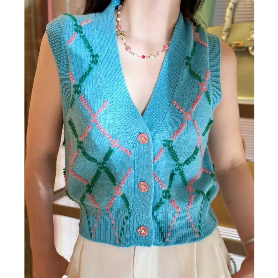 99新 Chanel/香奈儿 38码 蓝色拼绿色粉色 菱格纹 无袖 针织 马甲