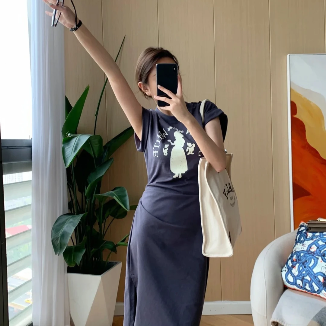 808奔月兔连衣裙精梳棉字母印花圆领短袖褶皱收腰T恤裙