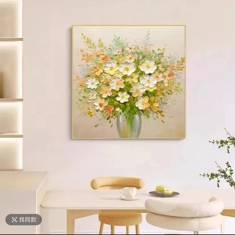 抽象油画餐厅挂画北欧风格装饰画轻奢现代客厅正方形挂画花8080