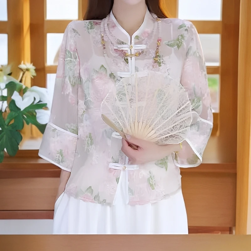 夏季国风印花轻奢盘扣七分袖上衣新中式气质衬衣防嗮短外套女2575