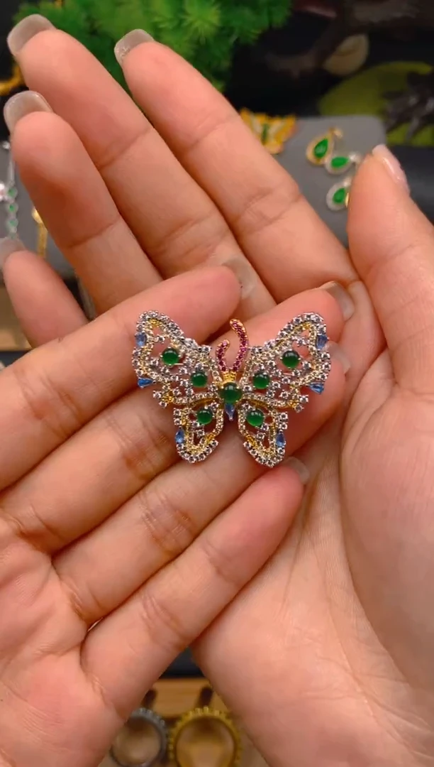 吊坠(不含链)银S925镶嵌翡翠蝴蝶胸针