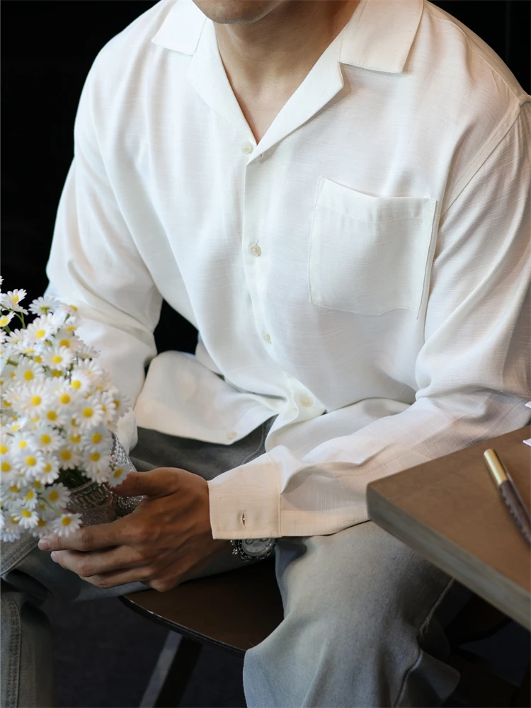 简素Design高级亚麻垂感松弛薄款长袖衬衫男通勤休闲防晒衬衣春秋