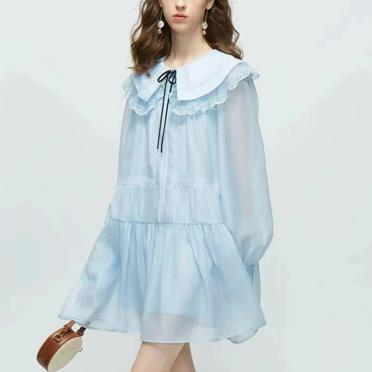 娃娃领连衣裙2024春新款法式蕾丝拼接蝴蝶结灯笼袖初恋甜美娃娃裙