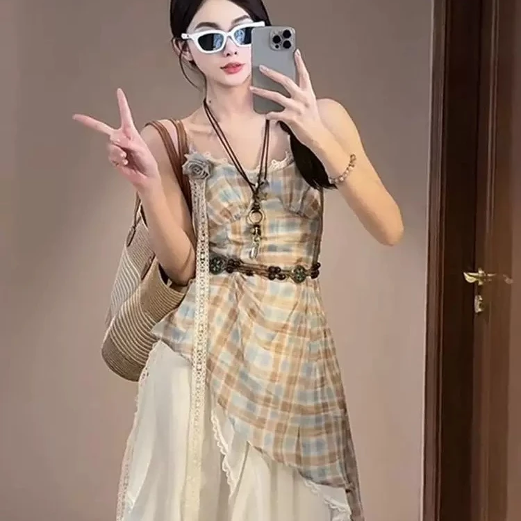 法式复古度假不规则仙女绝美格子吊带背心夏季显瘦半身裙套装
