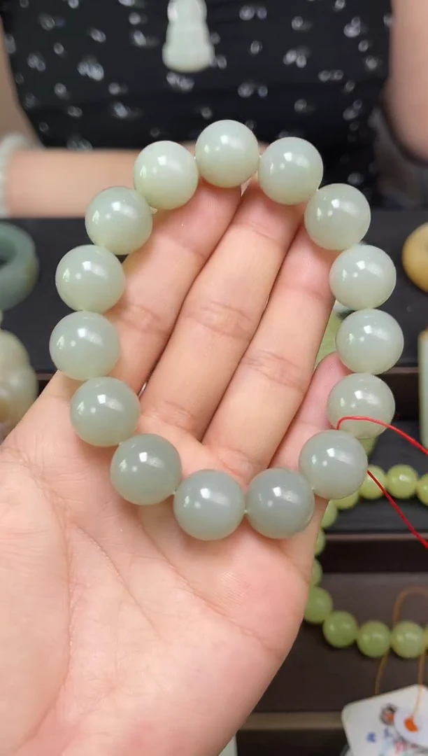 未镶嵌手串和田玉卡14且末青白 圆珠9012798