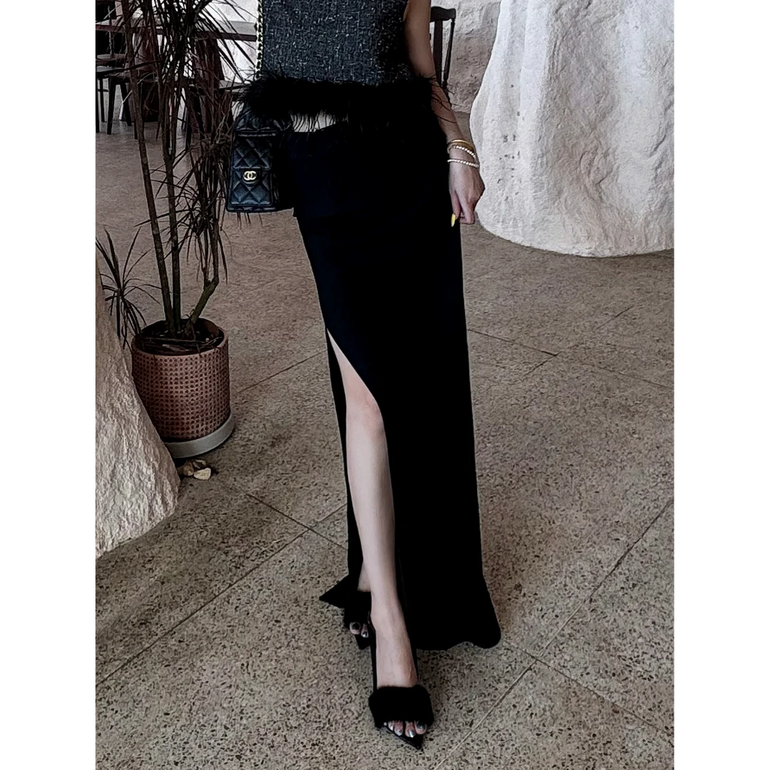 TNNZ  气质黑色半身裙女夏蕾丝腰显瘦性感高开叉中长款包臀裙