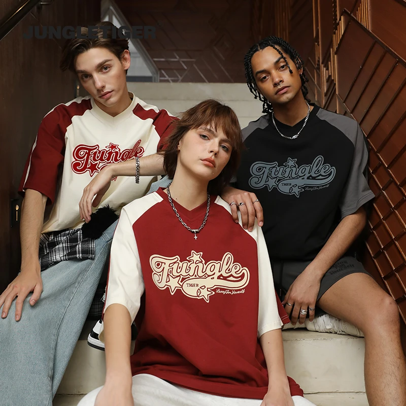 丛林老虎植绒LOGO印花拼接插肩T恤美式复古260g重磅V领短袖男女