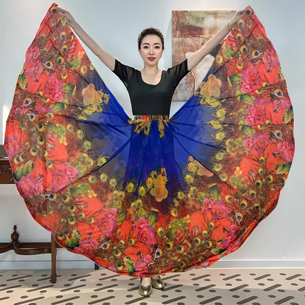 《宝蓝渐变孔羽》弹力网纱满铺定位花时尚全松紧腰大摆半身裙带衬裙