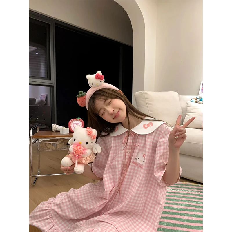 少女可爱粉色凯蒂猫印花少女短袖睡裙女夏季新款家居服格子连衣裙