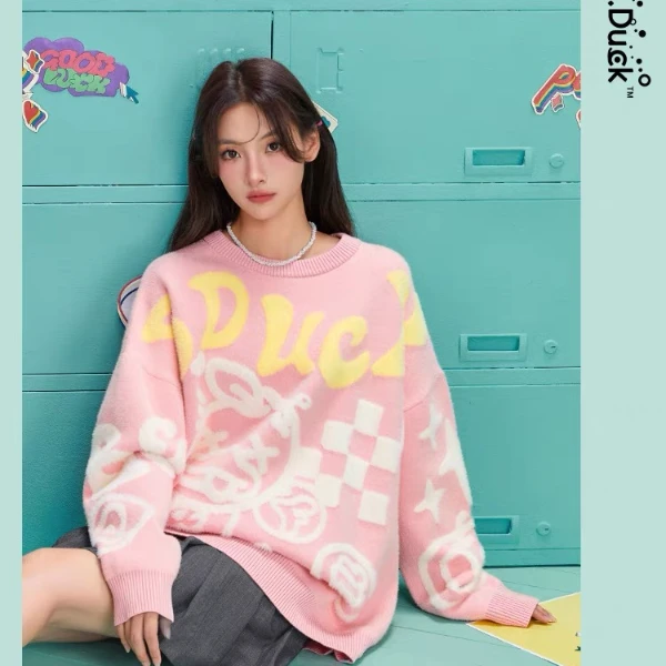 B.Duck小黄鸭粉色提花毛衣2025秋冬款宽松慵懒甜美学院风针织衫