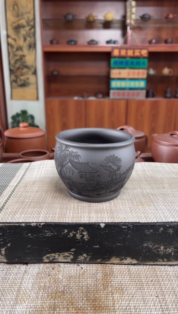 茶杯紫砂黑石黄刻忆江南主人杯泡沫装