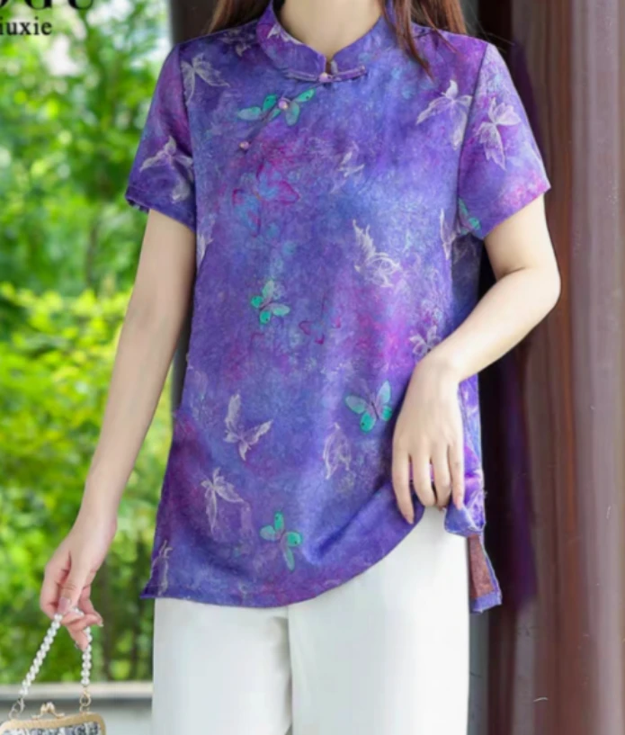 《东方美-紫蝶》新中式2025新款斜襟时尚旗袍式显瘦高级感上衣