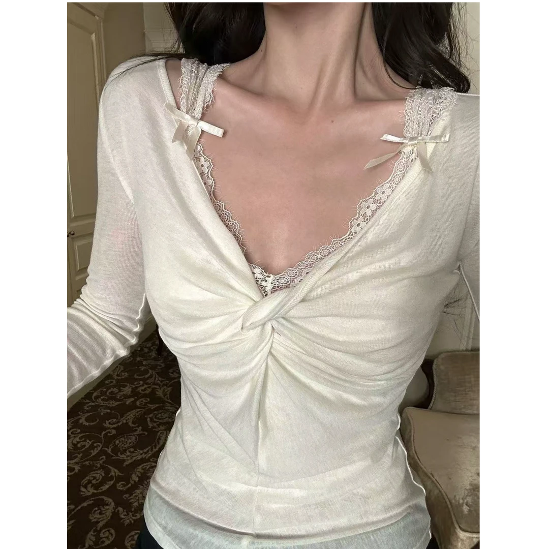 秋季设计感蕾丝V领外穿吊带背心+慵懒显瘦打底长袖T恤L3847+L3848