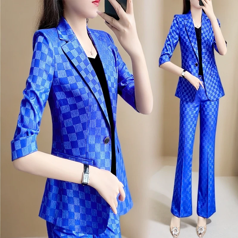 西装外套女蓝色千鸟格五分袖工装西服高级感气质名媛高端职业洋气