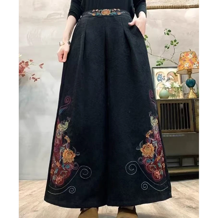 引卷 文艺民族风牡丹刺绣棉麻提花阔腿裤