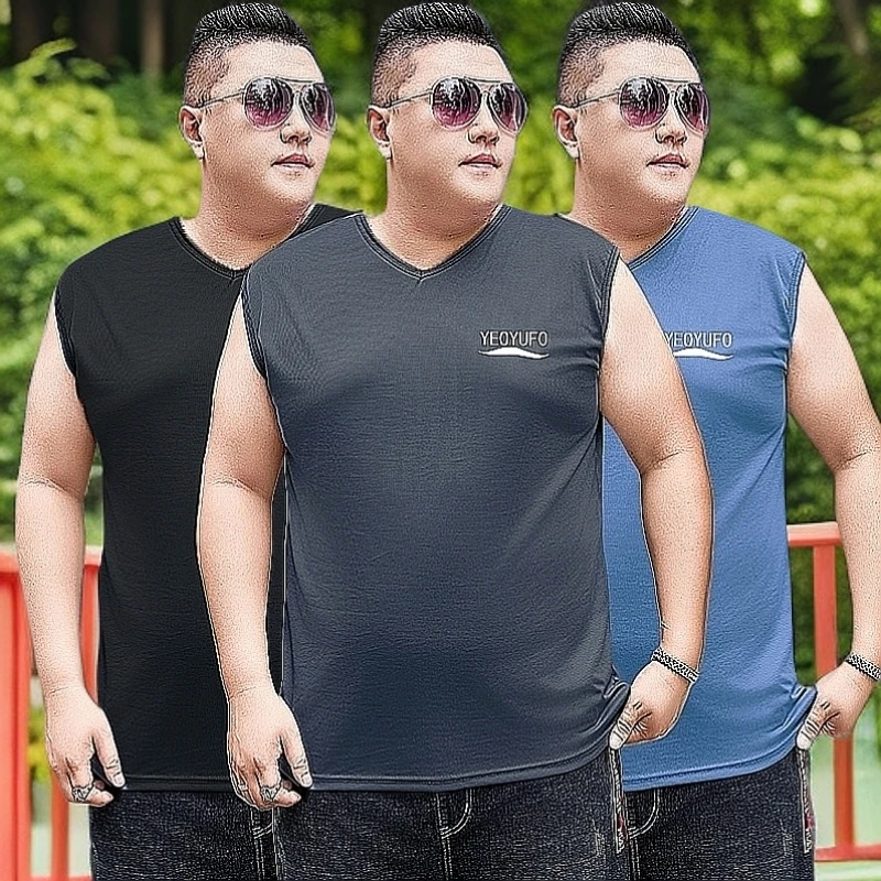 男款大码夏季网眼透气V领男装200-300斤上衣T恤坎肩无袖胖子背心