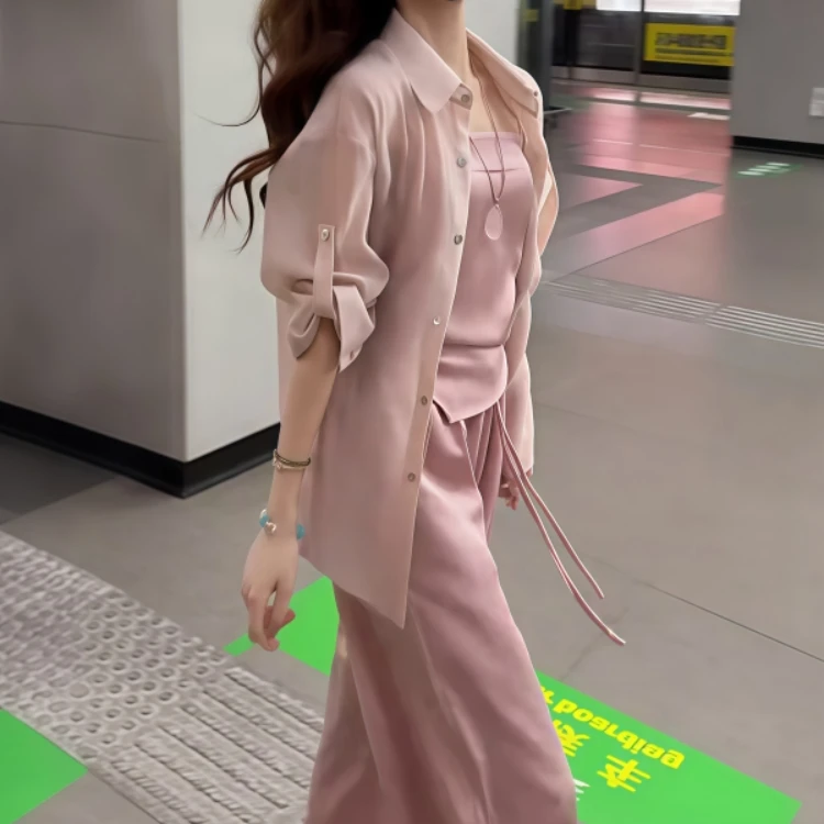 夏季新款套装时尚防晒衬衫吊带背心阔腿长裤三件套女遮肉显瘦宽松