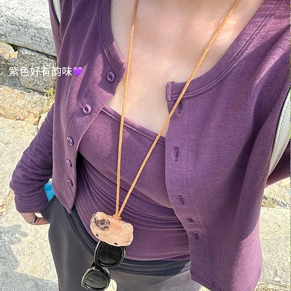 休闲紫色针织开衫两件套女2024新款修身显瘦短款吊带上衣法式欧美