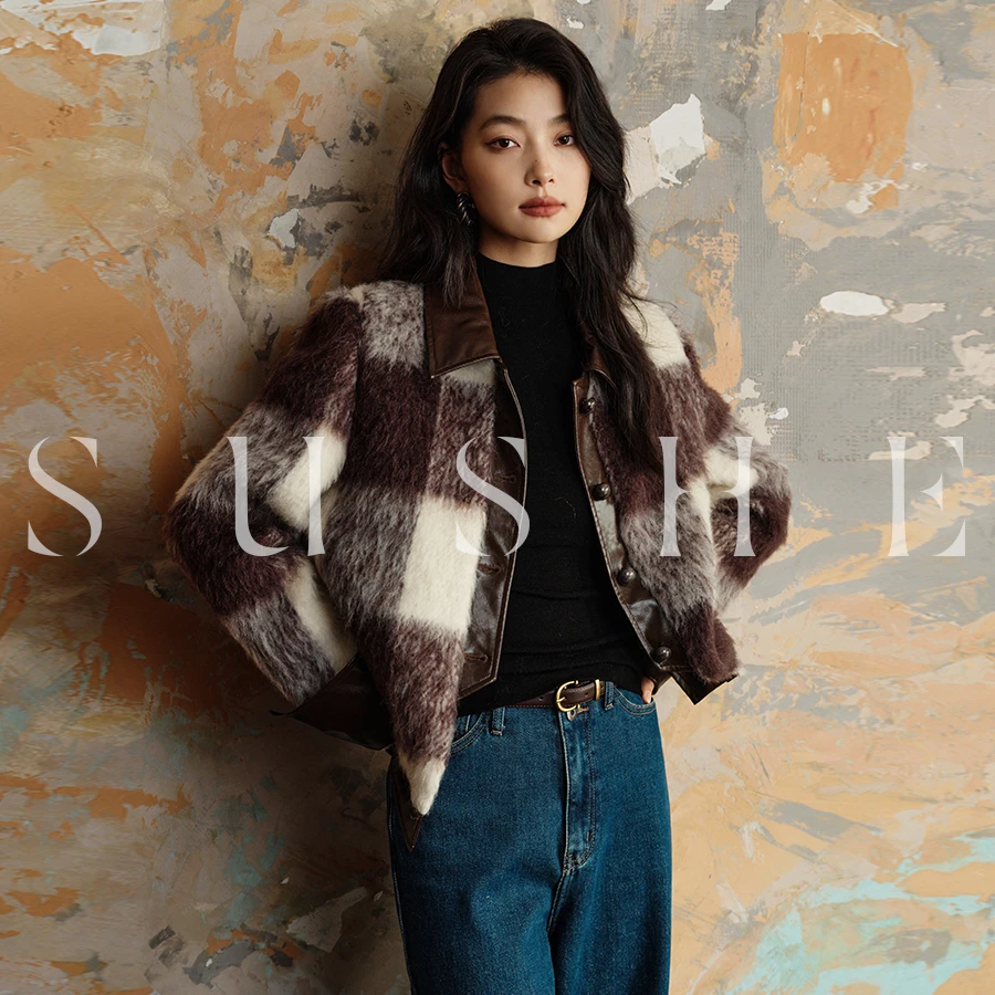 束皙SUSHE  酒红格调 阿尔巴卡绵羊毛格子环保pu皮翻袖热力外套