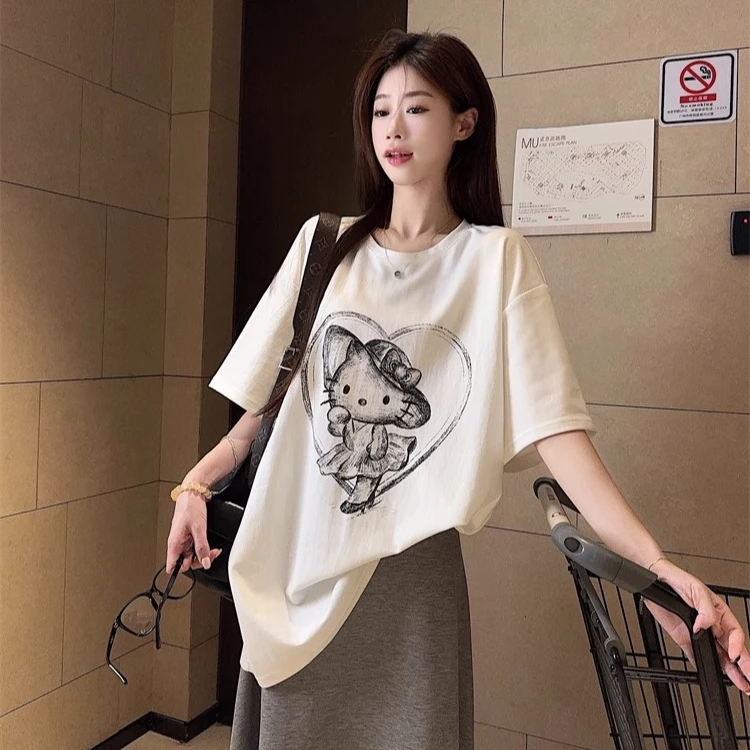 韩系夏季新款慵懒风卡通印花宽松短袖T恤圆领胖mm宽松大码上衣女