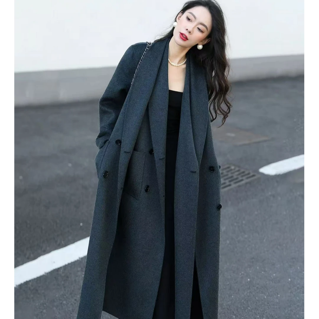 两件套秋冬双面羊毛天丝大衣女新款中长款高端羊毛外套8568（ZZ）