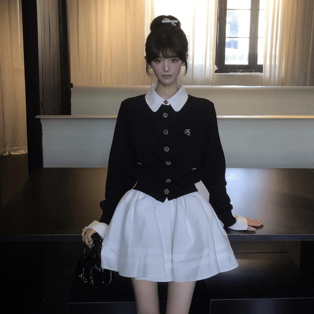 韩系学院风百搭小众黑色假两件针织长袖上衣半身裙减龄2025秋季女