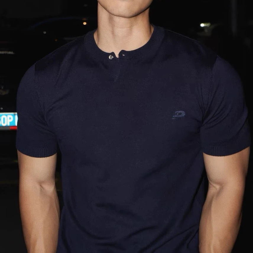 美式亨利领夏季凉感短袖T恤衫老钱风百搭针织衫潮男透气宽松版短T