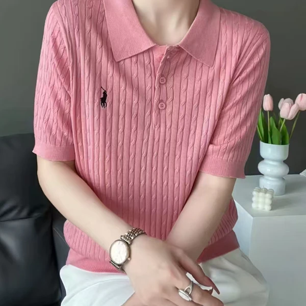 2025夏季新款麻花提花polo翻领针织衫女纯色套头t恤宽松休闲上衣