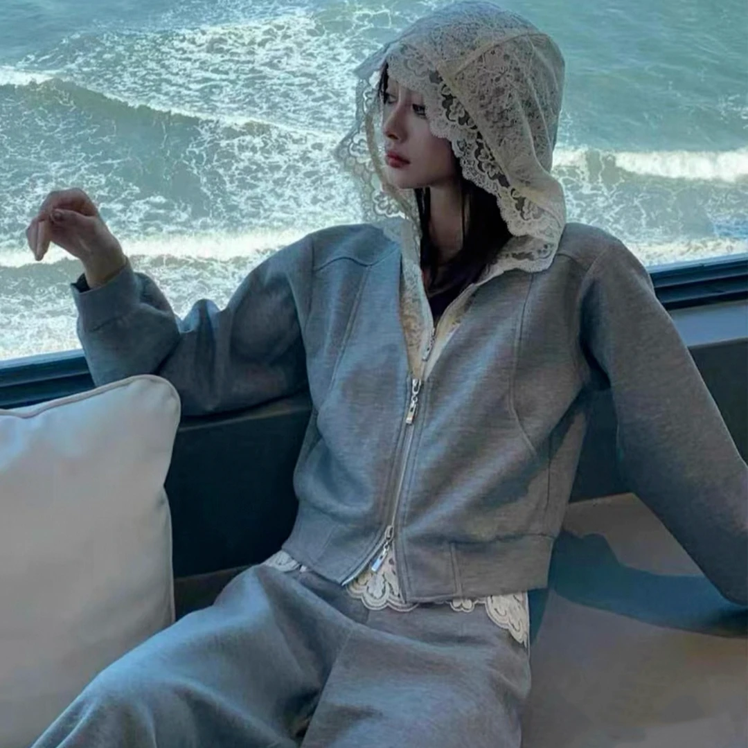 春季新款正品高端欧韩版洋气休闲时尚蕾丝拼接卫衣外套+裤子套装