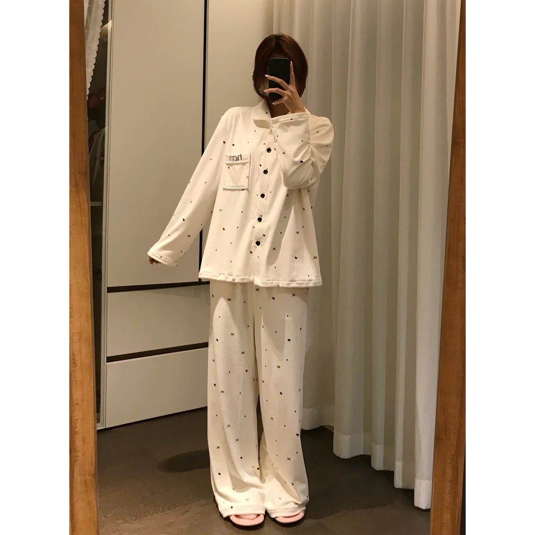 hanihani原创限定款爱心蝴蝶结加绒加厚睡衣女冬季2025新款家居服