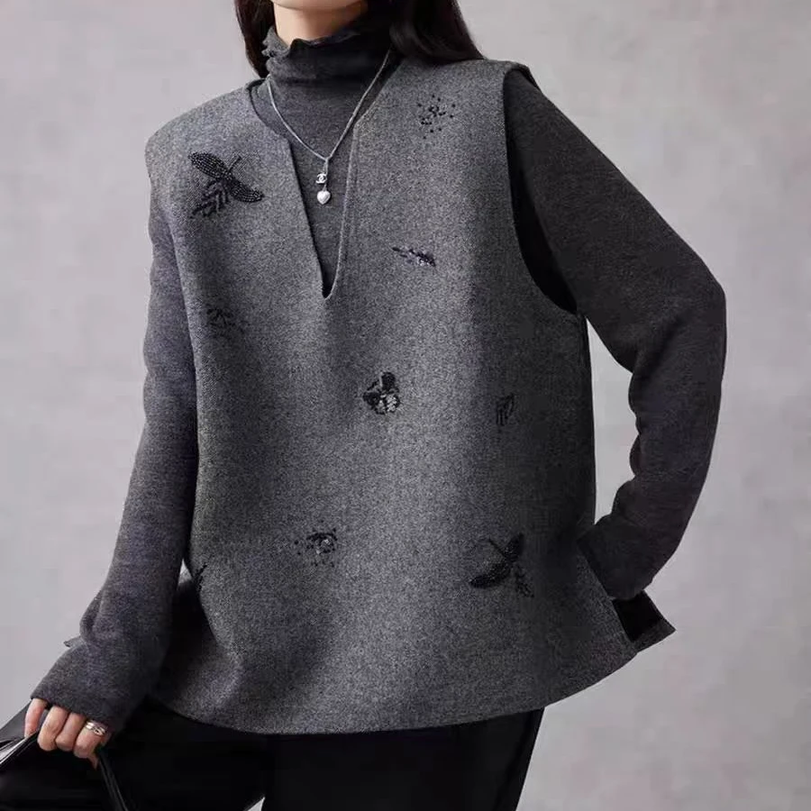 2025春秋新款重工钉珠亮片马甲半高领针织两件套1003