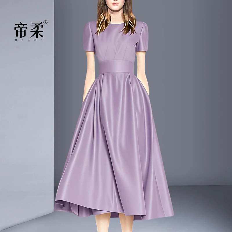 法式复古优雅连衣裙2025夏季新款时尚气质紫色礼服大摆裙中长裙子