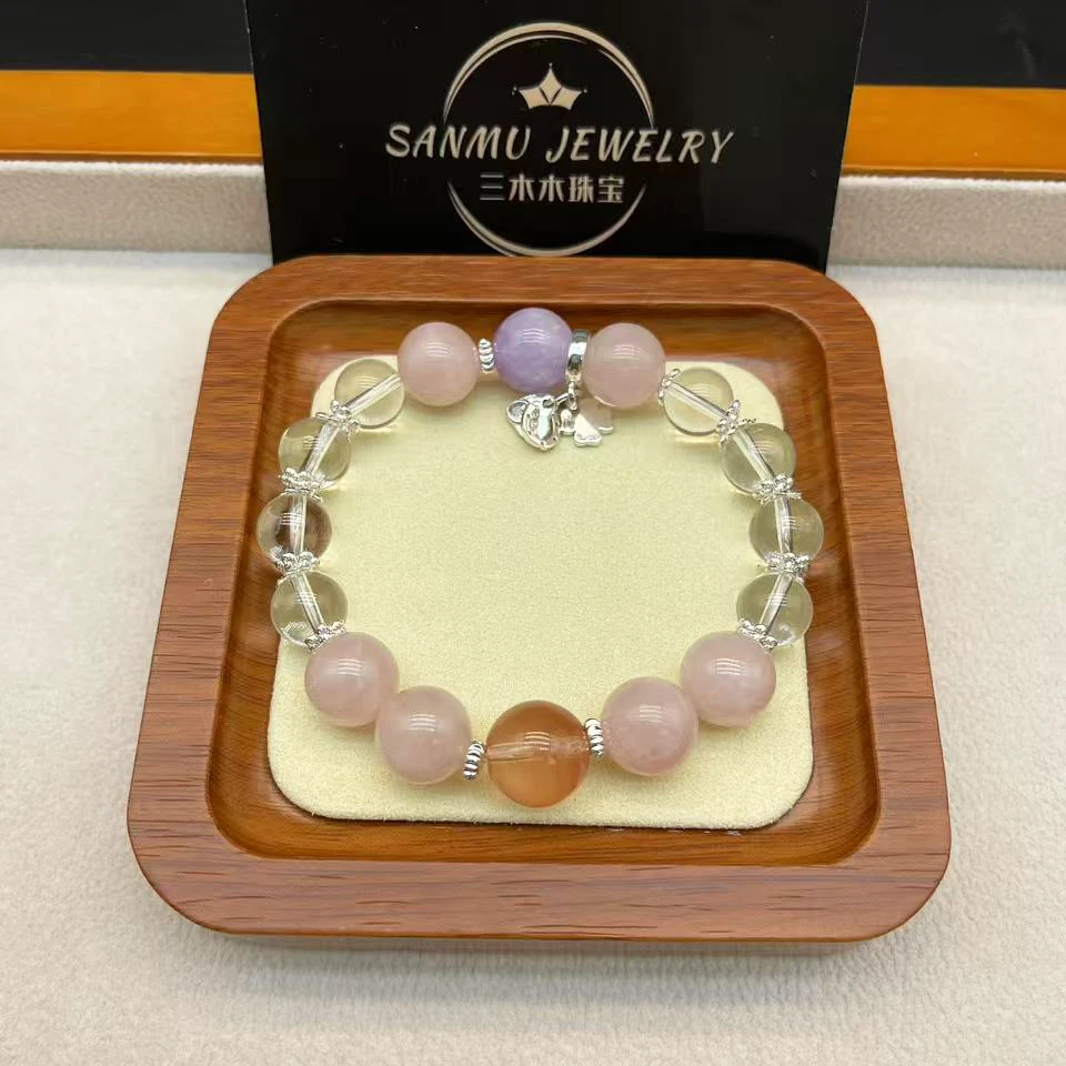 57天然水晶手串白水晶粉水晶红兔毛紫锂辉女生手串原创设计款