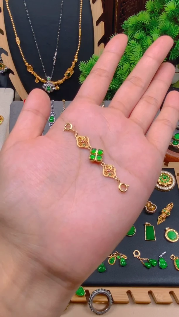 吊坠(不含链)银S925镶嵌翡翠四叶草延长链