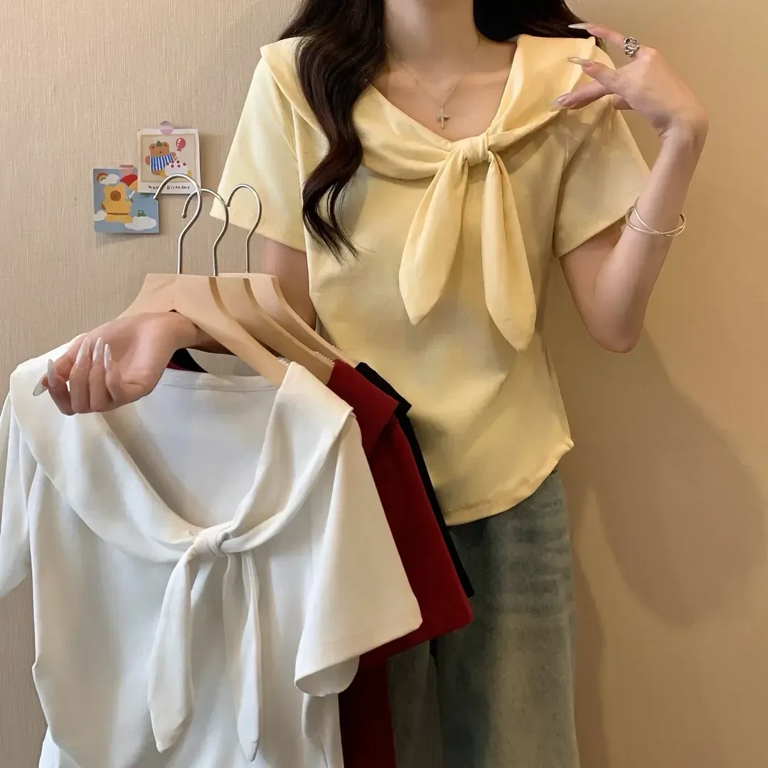 胖mm大码女装夏季新款韩版百搭休闲披肩海军领显瘦遮肚t恤上衣女