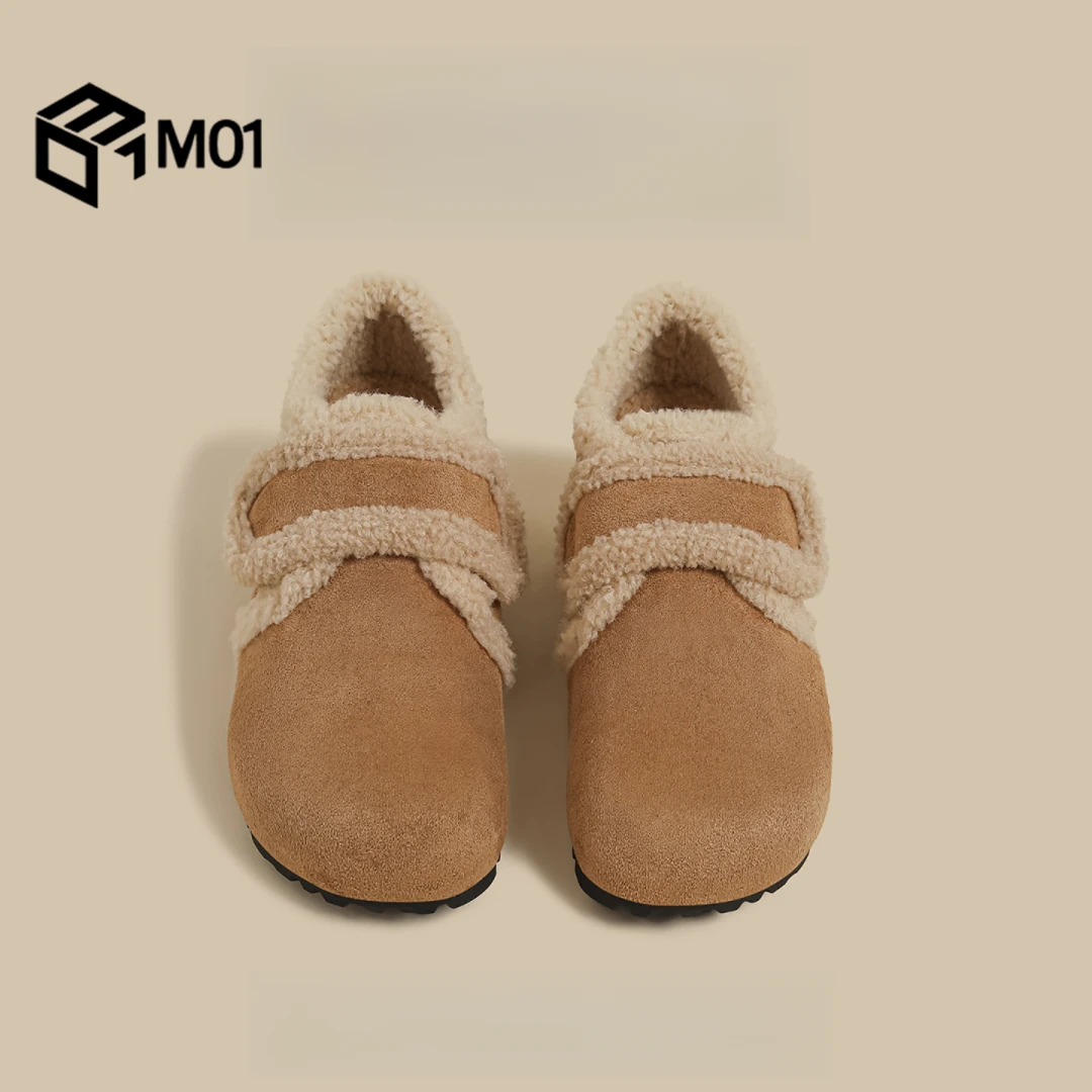 M01冬季新款厚底加绒魔术贴乐福鞋女裸色时尚复古休闲勃肯棉鞋