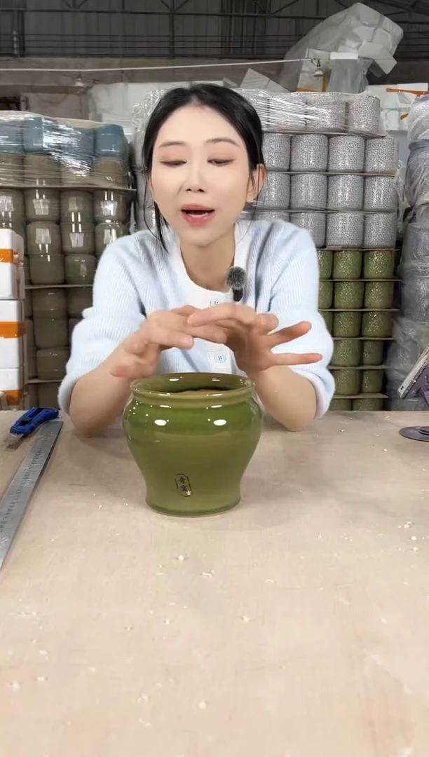 【闪购商品】陶瓷缸型裂纹深绿13x13