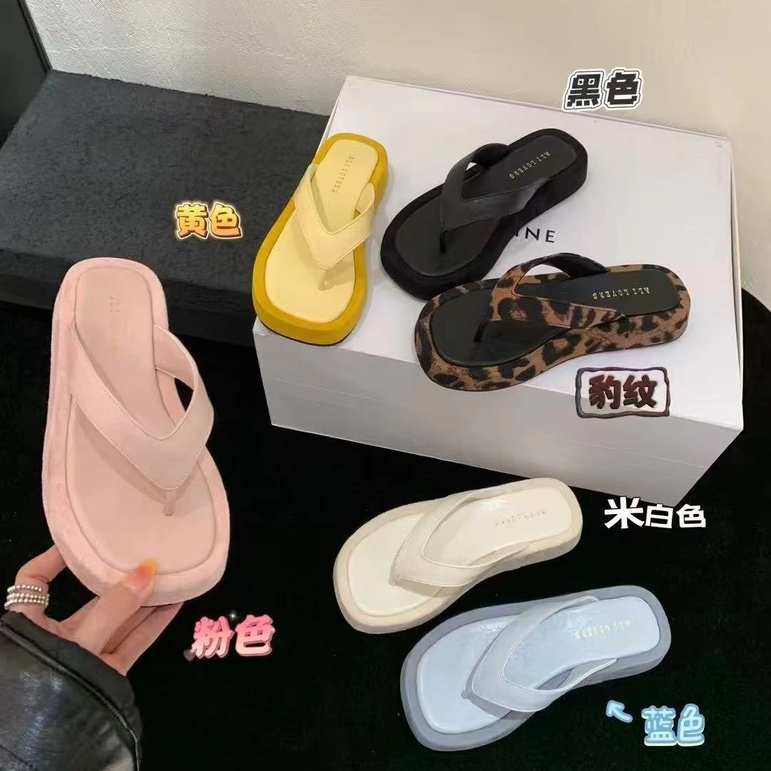 韩版方头厚底人字拖女2025百搭小众防豹纹沙滩拖鞋738-88