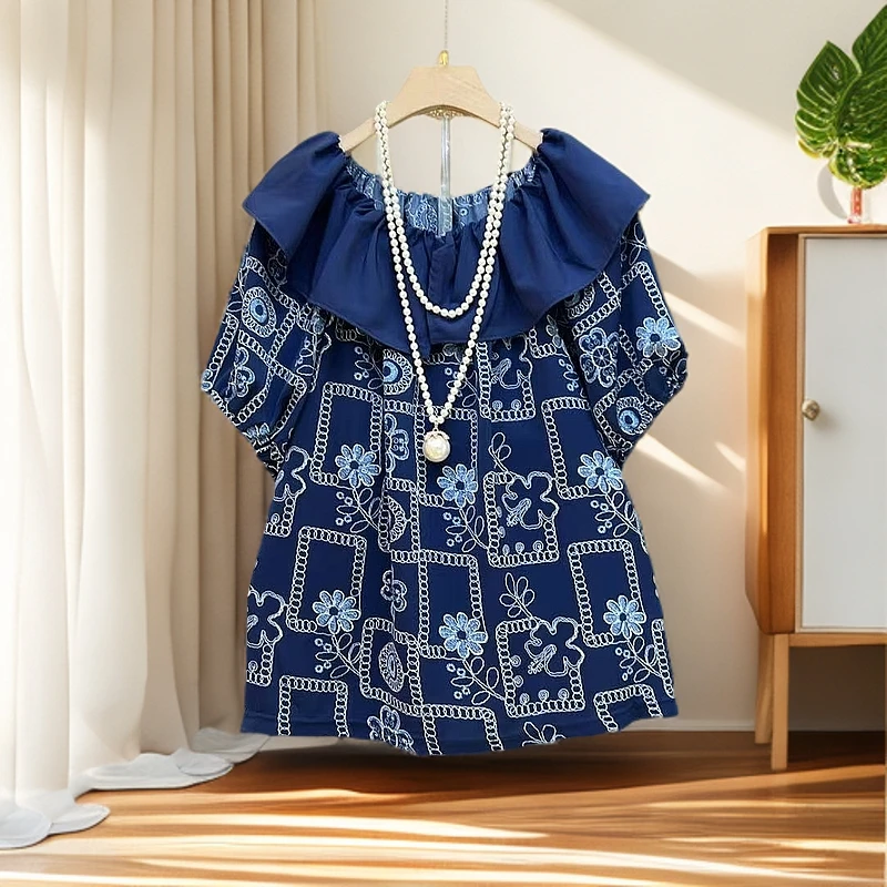 夏季网红爆款时尚减龄宽松显瘦上衣女气质百搭简约娃娃领拼接衬衫