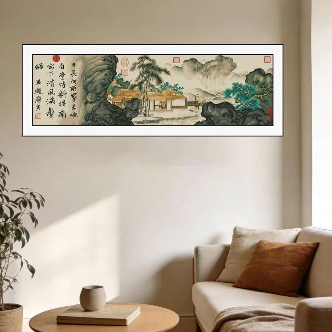 【古绢布】83195明代唐寅事茗图十字绣 中国风客厅画 23种绣线