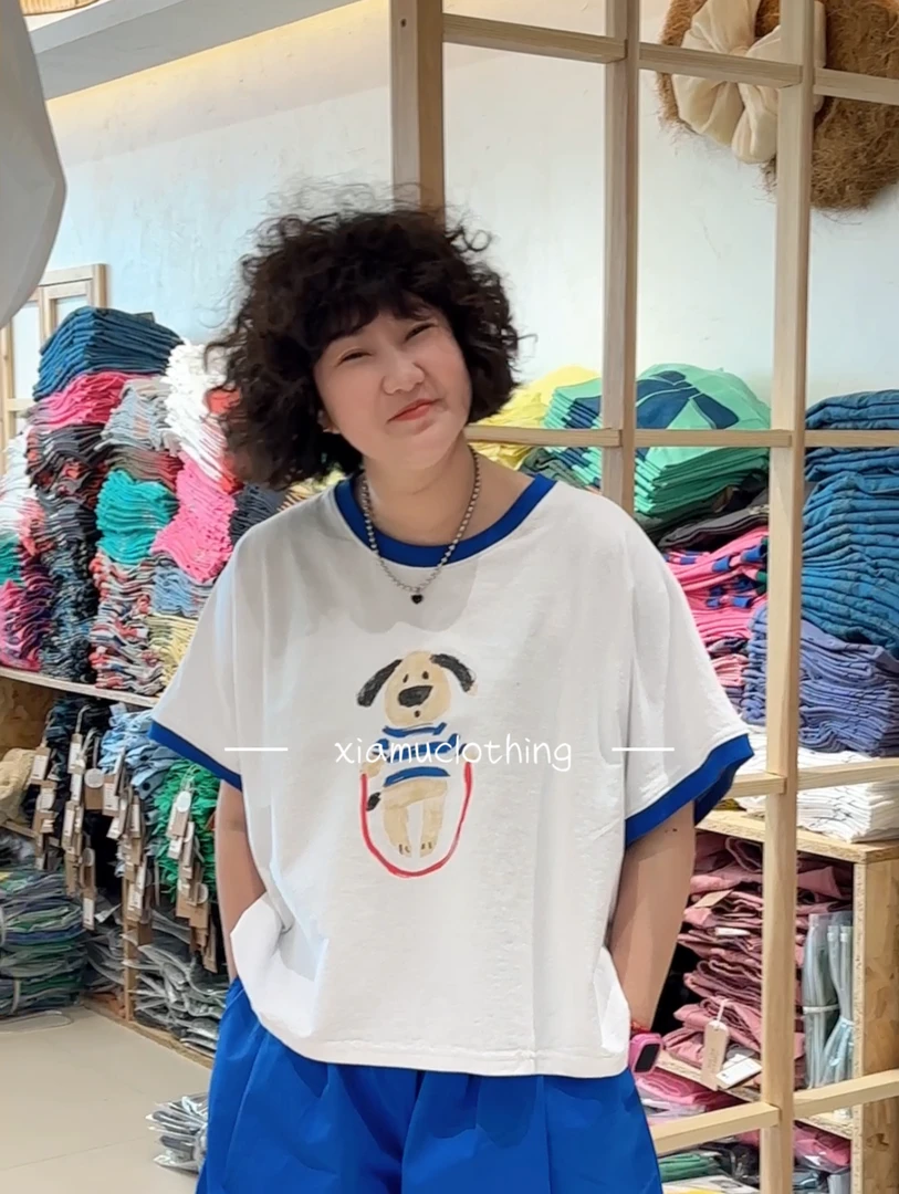 夏沐家卡通狗狗拼色休闲棉T恤388