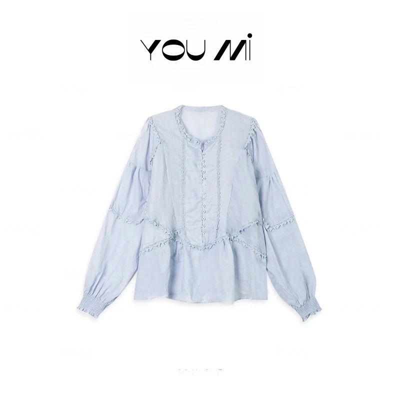 泡泡袖长袖春季轻薄长袖衫蕾丝宽松衬衫女装甜美法式上衣纯色9527